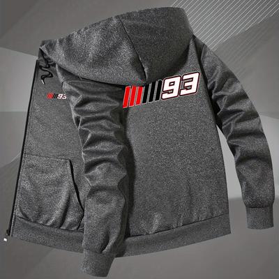 "TEMU Men' "93" Print Hoodie Jacket - Casual, Zip-up, Fall/winter Outerwear With Pockets, Slim Fit, No Lining, Casual Winter Jacket | Trendy Hoodie | Zippered Jacket" Image