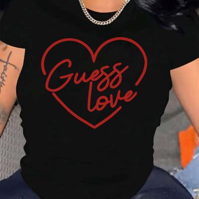"TEMU Plus Size Women's " Love" Graphic Tee - Black Casual Top With Red Heart Design, All-season Comfort, Light Stretch Fabric, Perfect For Spring & Summer, Casual Wear|playful Print|lightweight Top" Image