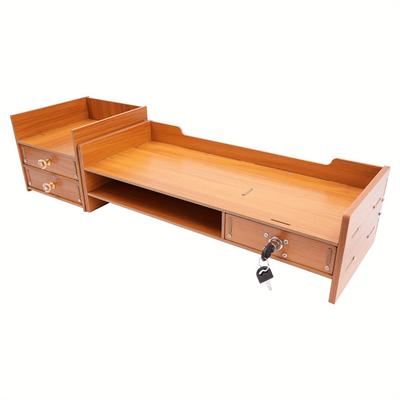 TEMU Wooden Monitor Stand With Locking Drawer & Two-tier Storage - Compact Space-saving Desk Organizer, Ergonomic Height Adjustment For , Finish, 65.5x20x13.5cm, Monitor Stand For Desk Image