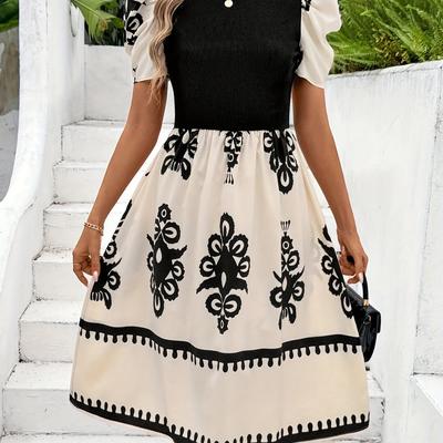 TEMU Women's Round Neck Puff Sleeve High-waisted Printed Dress Image
