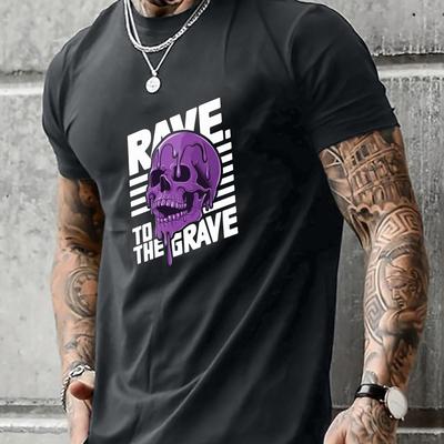 TEMU Men's Casual Summer Tee - Rave Melting Purple Skull Print, Short Sleeve, Crew Neck, Polyester , Machine Washable, Skull Print, Tee Shirt Image