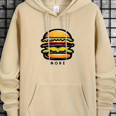 "TEMU Men' Hamburger Print Hooded Sweatshirt - Casual Geometric Burger Graphic Pullover With "more" Text, Regular Fit Autumn Winter Warm Hoodie, Autumn Apparel, Design, Comfortable Wear" Image