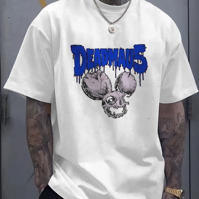 TEMU Skull Graphic Men's Casual T-shirt - White Round Neck Short Sleeve Tee With Purple Print, Soft Polyester Blend, Summer Streetwear For Adults, Skull T Shirt Image