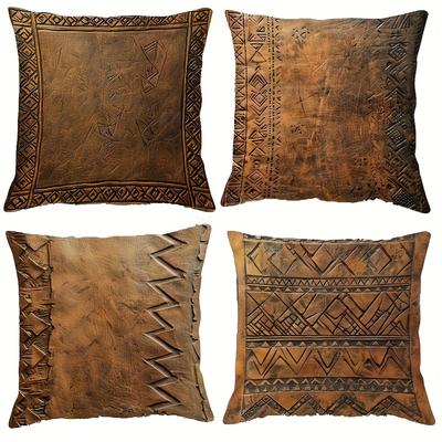 TEMU 4pcs Leather Design Pillow Covers, Suitable For Room Types Indoor/outdoor Sofa Decorative Pillows, Polyester Material Single-side Print With Zipper Closure, No Insert Image