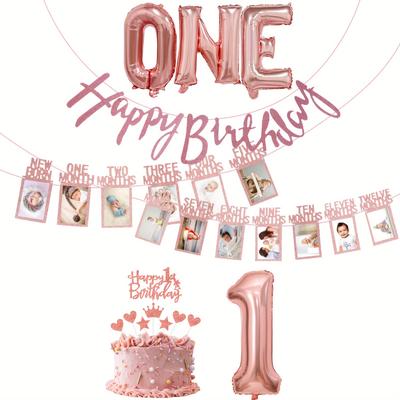 TEMU 1st Birthday Photo Banner And Happy Birthday Banner, 12 Months Girl 1st Birthday Decoration, 1st Birthday Photo Banner Colorful Flag Garland With Cake Decoration Rose Golden Image