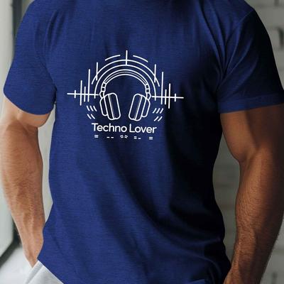 "TEMU | Men's "techno Lover" Headphones Graphic T-shirt - Casual Polyester Short Sleeve Tee With Ekg , Machine Washable, Summer Wear" Image