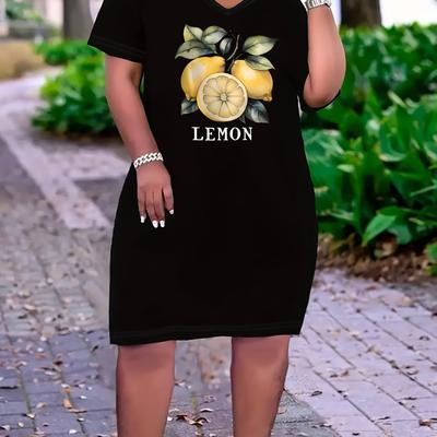 TEMU Spring/summer Casual Plus Size Women's Dress With Lemon Print Image