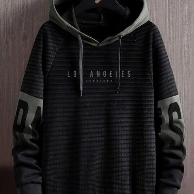 TEMU Men's Los Angeles Downtown Graphic Sweatshirt - Black With Print, Hooded Casual Sportswear, Polyester Blend, Machine Washable, Sports Fan Apparel | Hooded Sweatshirt | Knit Construction Image