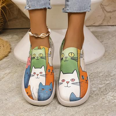 TEMU Women's Cute Cat Print Slip-on Sneakers - Breathable Mesh Fabric, Lightweight & Comfortable For Outdoor Activities, Casual Wear, And Travel, Cat Shoes Image