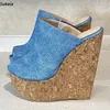 Sukeia handgemachte Damen Plateau Slingback Sandalen Kork Keile High Heels Peep Toe Hellblau Freizeitschuhe Damen US Größe 5-20