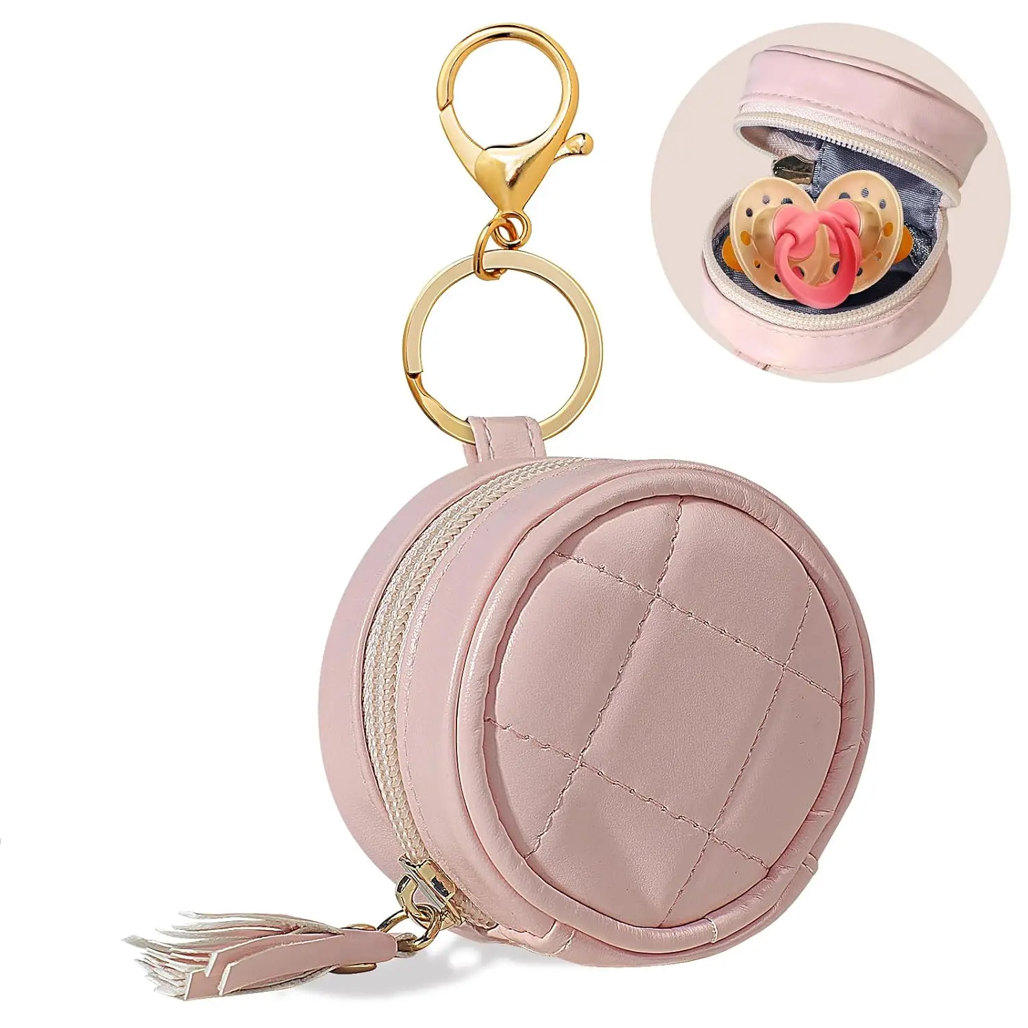 Schnullerhalter aus PU-Leder mit Clip – für 2 Schnuller und Schilder, Reise-Clip-On für Wickeltaschen