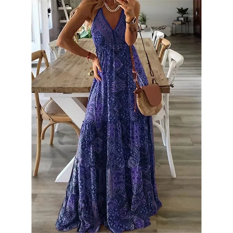 Vêtements pour femmes robe longue style bohème nouvelle robe longue à bretelles taille haute col en v imprimé robe florale vêtements pour femmes
