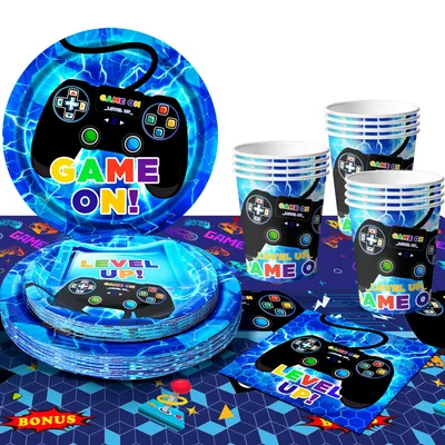 Gamer Birthday Decorations Blue,65pcs Gaming Party Tableware-Game Party Plate Cup Napkins etc Video Game Birthday Party Supplies