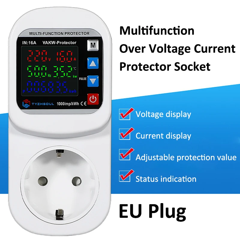 Multifunktions-Überspannungs-Stromschutzsteckdose, 230 V, EU-Stecker, einstellbarer Zeitschalter, Temperaturregelung, Frequenzschutz Image
