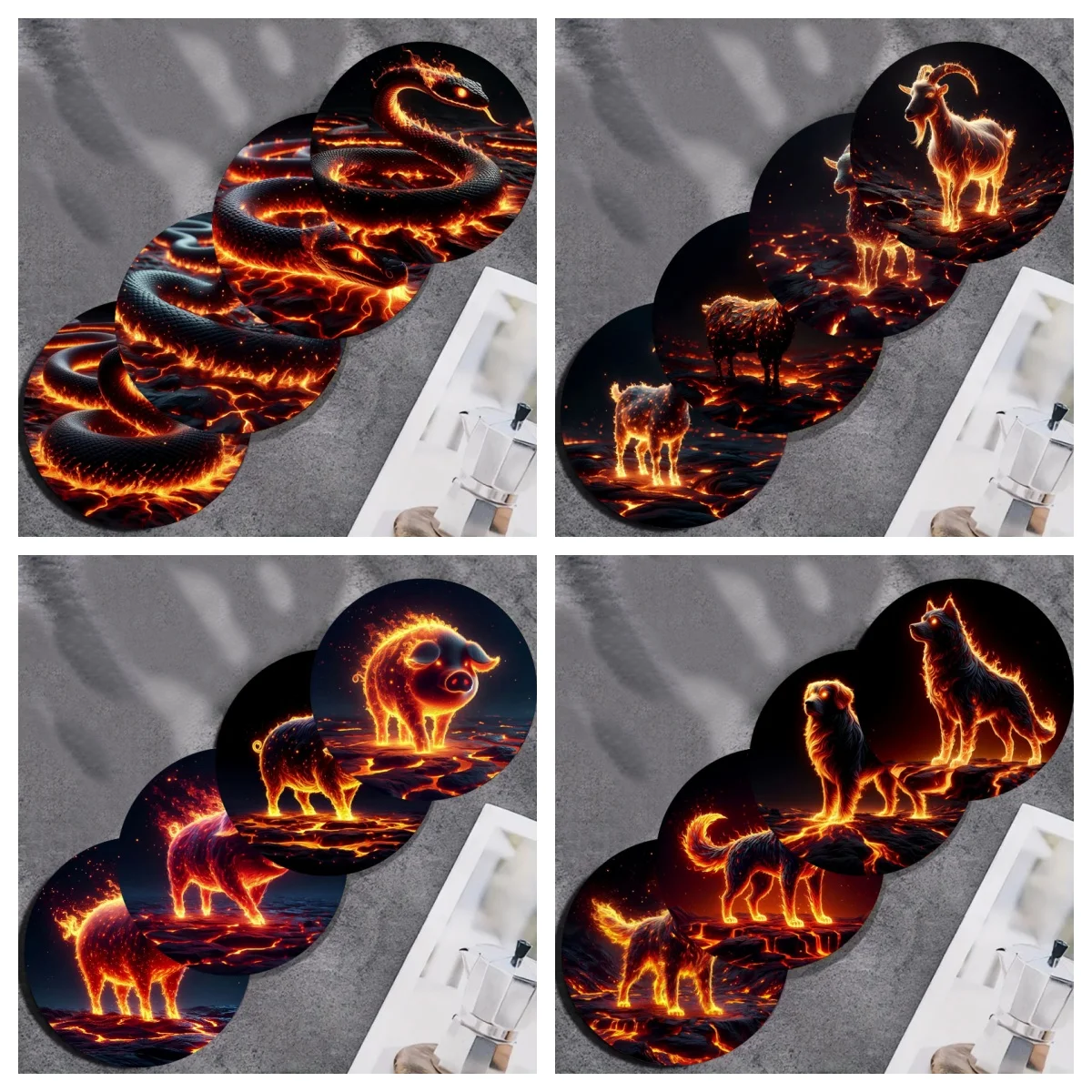 Das 4-teilige Set aus Holzuntersetzern mit bunten Tierkreiszeichenmustern eignet sich für den Heim- und Bürogebrauch und rutschfeste Dekoration Image