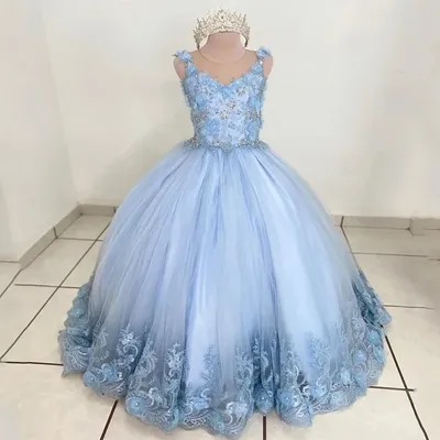 Maßgeschneidertes himmelblaues Blumenmädchenkleid für die Hochzeit, Tüll-Spitzenapplikationen, elegante Baby- und Kindergeburtstagsfeier, Erstkommunion-Kleider Image