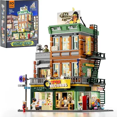 FUNWHOLE Record Store Beleuchtung Bausteine Street Fusion City Town Audio Shop Modulares Sammlungsset 1980er-teilig mit Farbbox Image