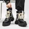 Neue Lederplattform, vielseitige Herrenschuhe, Schnürung, schwarze Erhöhungswerkzeugstiefel, Reißverschluss, Motorrad-High-Top, große Schuhe