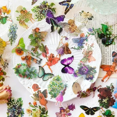 50 Stück/Packung Aufkleberbasis, 6 Auswahlmöglichkeiten, PET-Handkonto, Collage, Aufkleberpaket, künstlerisches, exquisites Pflanzen-Schmetterlingsmaterial Image