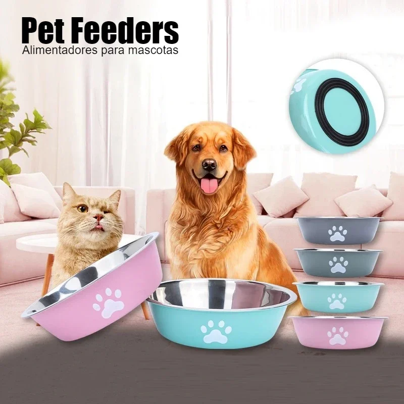 Katze Hund Feeder Schüssel Edelstahl Hund Becken Pfotenabdruck Heimtierbedarf Silikon Anti-rutsch-Design Haustier Trinkwasser Futternapf Image
