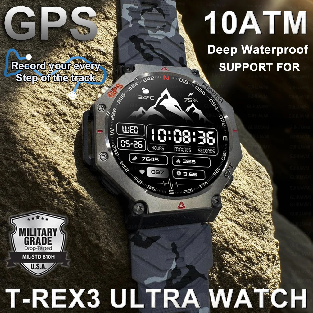 Militärische Smartwatch T-Rex 3, integrierter GPS-Kompass, Höhenmesser, barometrisch, 10 ATM, IP69K, wasserdicht, AMOLED, Bluetooth-Anruf, Smartwatch Image
