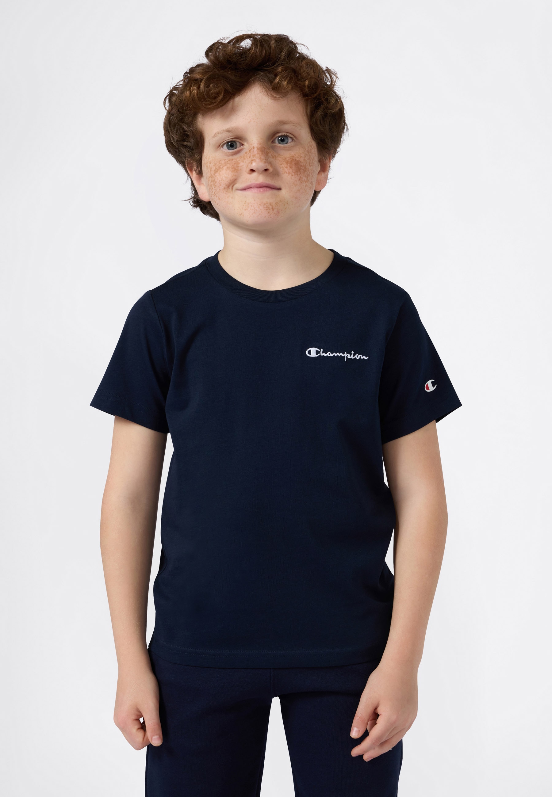 T-Shirt CHAMPION "ICONS CONTRAST Crewneck T-Shirt", Kinder, Gr. M (140/146), blau (nny, ns), Obermaterial: 100% Baumwolle, sportlich, Shirts Image