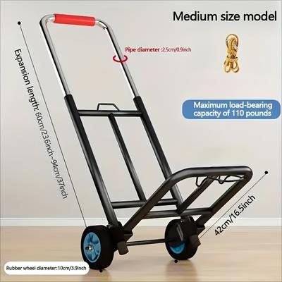 TEMU Adjustable Height Folding Hand Truck With Pu Wheels - Heavy-duty , 4-season Use, Lightweight And Portable For Home, Shopping, Luggage, And Outdoor Applications | Sturdy Wheels, Foldable Cart Image