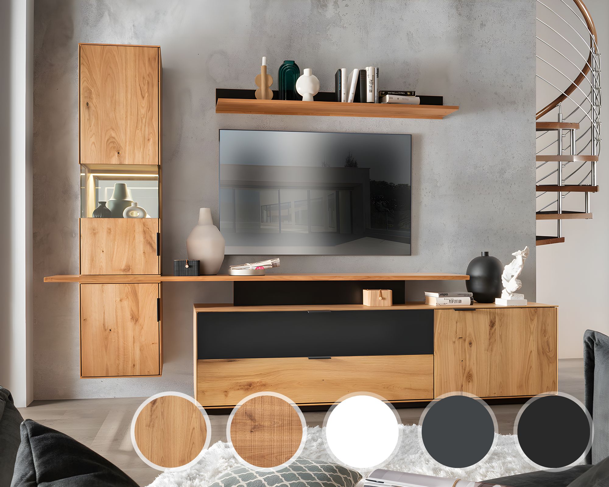 Massivholz »Lugano« Wohnwand glatte Front / obere Schublade in Weißglas / Aufsatz Fuß Weiß