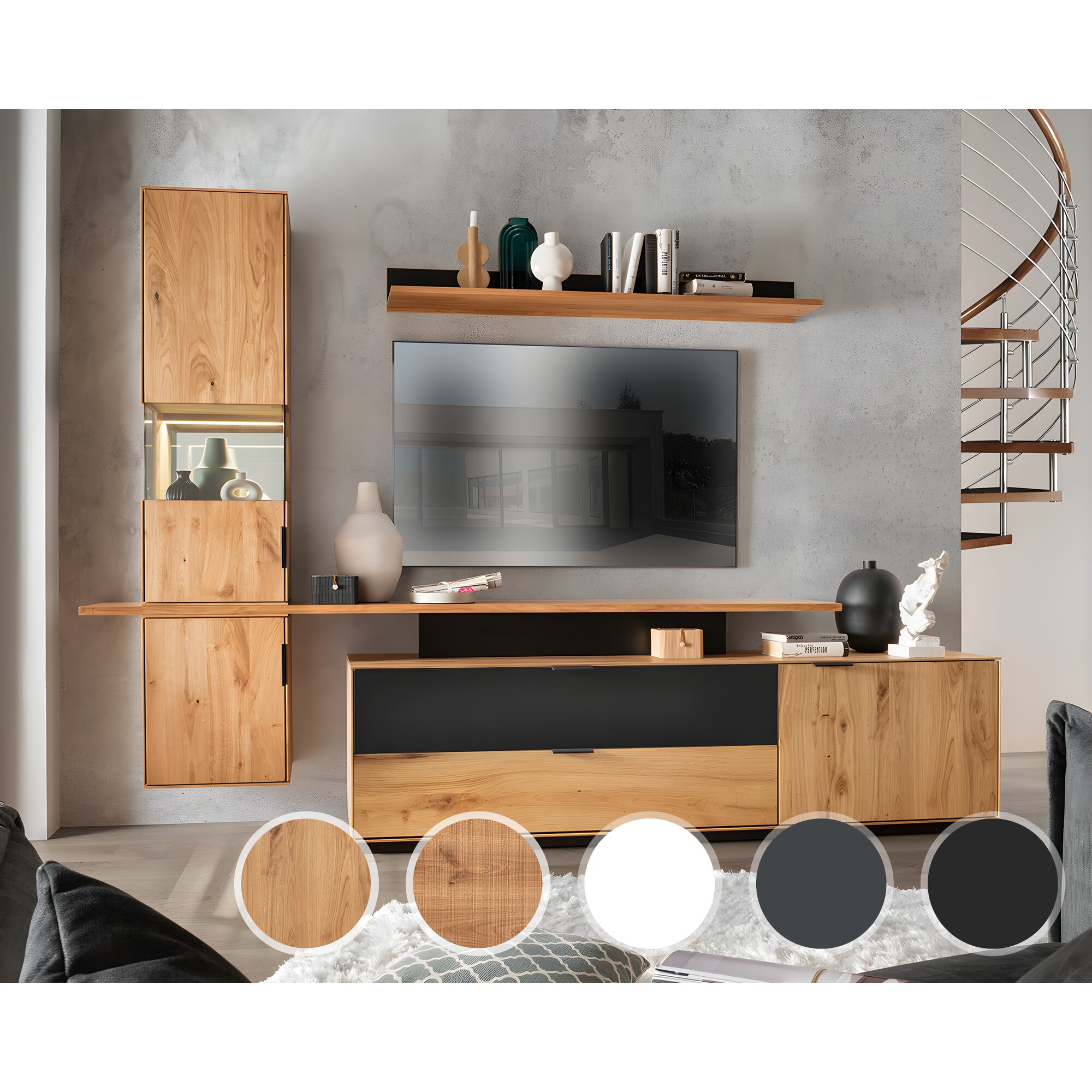 Massivholz »Lugano« Wohnwand Hobelschlag Front / obere Schublade in Anthrazitglas / Aufsatz Fuß Weiß