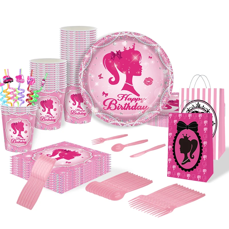 Prinzessin Geburtstag Dekoration Luftballons Set Geschirr Tassen Teller Tischdecke Banner Kit Alles Gute zum Geburtstag Rosa Thema Mädchen Party Deko Image
