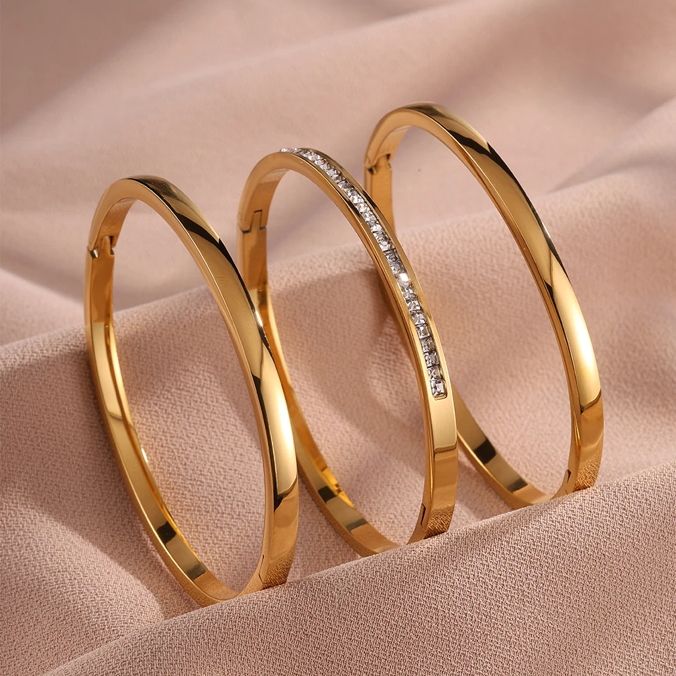 Yupsk 3-teiliges Armband-Set aus Edelstahl, glatt, rund, mit Zirkon eingelegt, minimalistische Manschettenarmbänder, wasserdicht, stapelbar, Schmuck, Geschenk Image