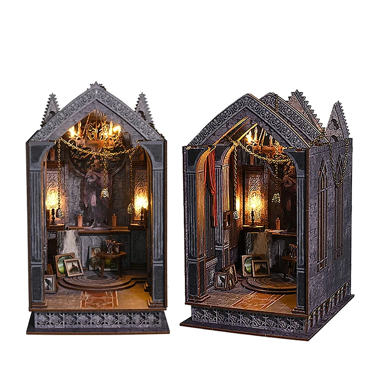 DIY Buch Nook Kit 3D Puzzle Montage Modell Gebäude Buchstützen Holz Bücherregal Einsatz Dekor Mit LED Lichter Spielzeug Puppenhaus Geschenke