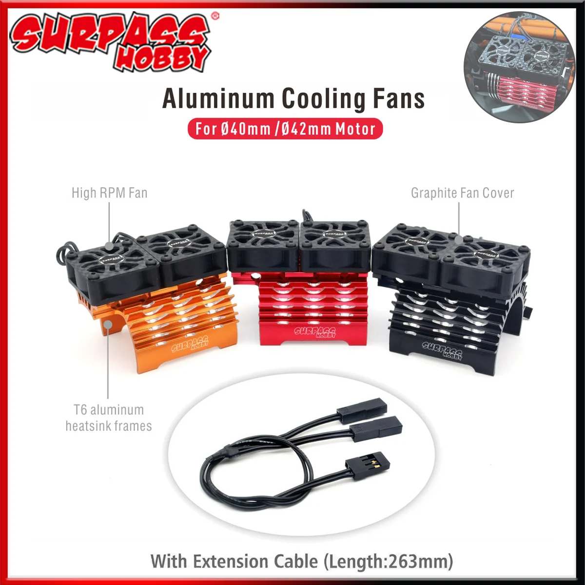 SURPASS HOBBY 40/42 mm RC-Motor-Lüfter, Metall-Kühlkörper, Kohlefaser-Abdeckung für 1/5 1/8 1/10 Auto 4268 4274 4092 bürstenloser Motor