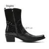 Schlangenleder Square Toe High Heels Herrenstiefel Echtes Leder Chelsea Stiefeletten für Männer Nieten Schwarz Metall Dekor Herrenschuhe