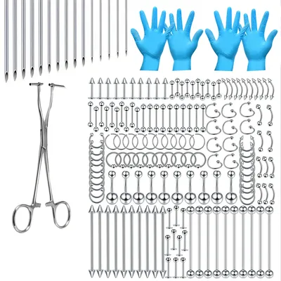 168/171pcs 316L Stainless Steel Body Piercing Tool Set For Ears, Lips, Belly, Tongue, Nose, Eyebrow And More Piercing