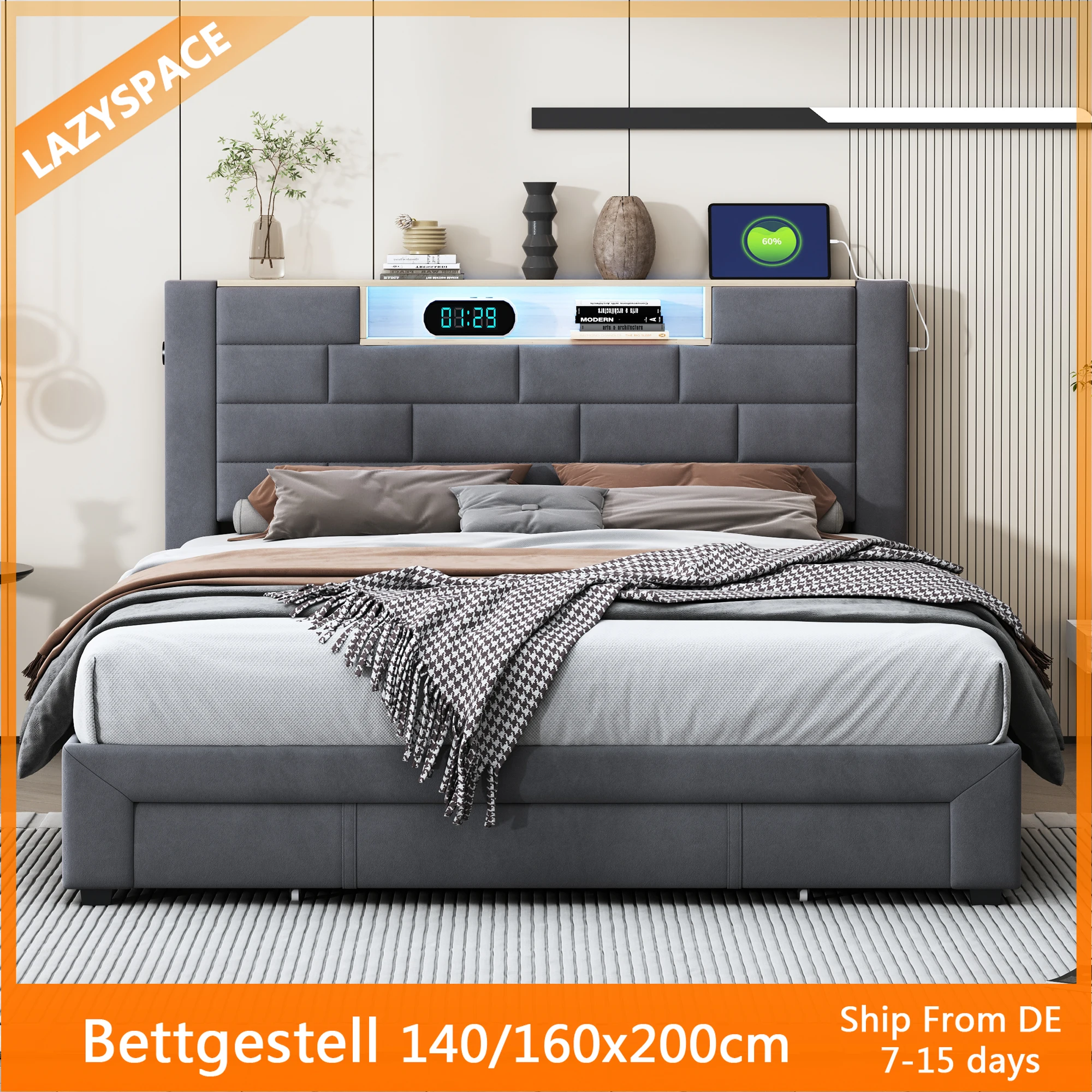 Lazyspace Samt-Doppelbett mit 3 Schubladen, 140/160 x 200 cm, Kopfteil mit LED und Ladeanschluss, Lattenrost aus Holz Image