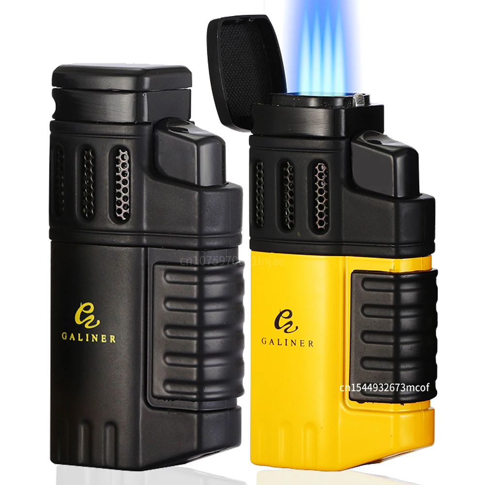 GALINER Butan-Gas-Feuerzeug, Zigarre, Zigarette, Tabakfeuerzeug, 4 Fackel, Jet Blue Flame, rauchendes Metall, luxuriöses Zigarettenanzünder Image
