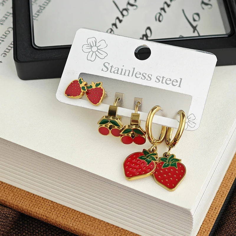 ANENJERY 316L Edelstahl Kirsche Erdbeere Anhänger Hoop Ohrringe Für Frauen Süße Mode Sommer Schmuck Geschenke Großhandel Image