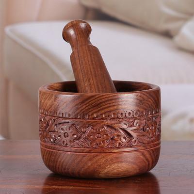 Garden Joy,'Floral and Vine-Themed Hand-Carved Wood Mortar and Pestle'