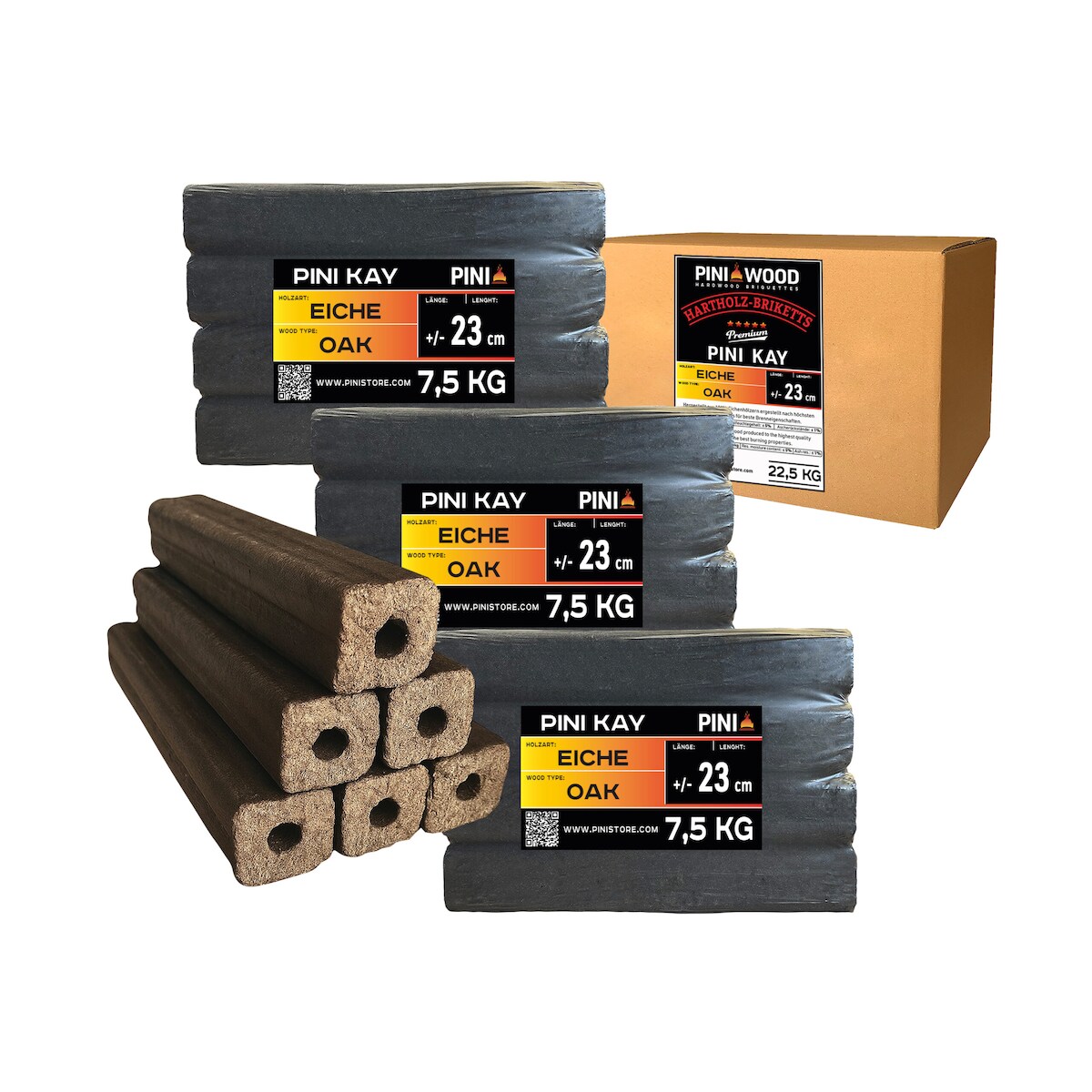 PINI Kay Eichenholzbriketts 23 cm lang viereckig mit Zugloch 22,5 kg Hartholzbriketts Brennholz Holzbriketts Eiche Kamin Ofen Feuerschale Grill Image