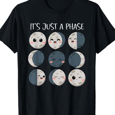 "TEMU Moon Phases Cotton T-shirt For Science Teachers - Lightweight 100% Cotton, Short Sleeve Crew Neck, Black With " " Graphic Design, Casual &" Image