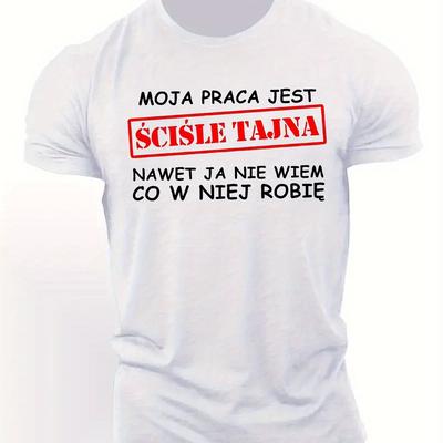TEMU Men' Short Sleeve T-shirt With Polish Text Print - Geometric Pattern Round Neck Summer Top, Machine Washable Casual Tee For Adults Image
