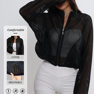 TEMU Women's Comfortable Top - Breathable, Zippered, Long Sleeve, High-neck, Stretchy Fabric For Golf, Tennis, Exercise & Casual Wear, Tennis Wear|breathable Mesh Top|stretchy Fabric Image