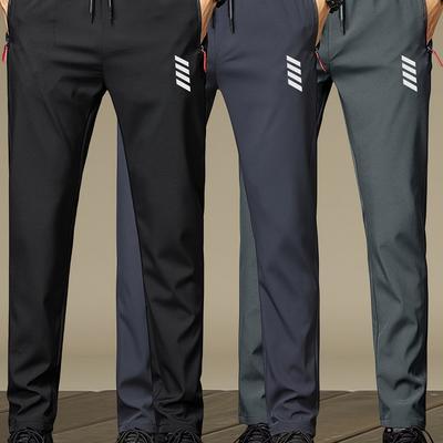 TEMU 3pcs Men's Casual Running Pants - Thin, Lightweight, Quick-dry Polyester With Zipper Details, Stylish Print, Ideal For Outdoor Sports And , A Great Gift For Holidays, Regular Fit Image