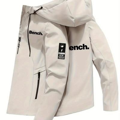"TEMU Men' Blue Hooded Jacket With "bench" Print - Casual, Zip-up, Non-stretch Fabric, Spring & Fall, Casual Outerwear | Hooded Jacket | Polyester Lining" Image