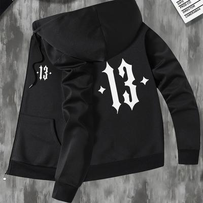 TEMU Men's Slim Fit Hooded Jacket With '13' Graphic Print - Contrast Casual Zipper Closure Coat, Machine Washable Autumn Winter Outerwear With Side Pockets, Image