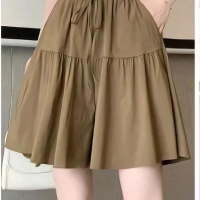 TEMU Women's Casual Drawstring Shorts - Solid Brown, High-waisted Hem, Machine Washable, Spring/summer/fall Fashion Skort, High Waisted Shorts Image
