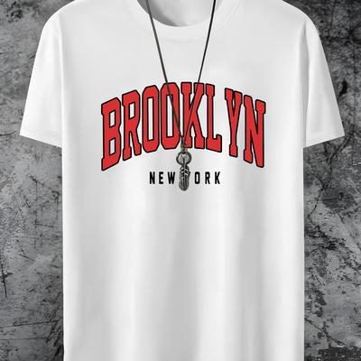 TEMU Brooklyn New Letter Print Men's T-shirt - Casual Crew Neck, Knit Polyester Fabric Blend With Elastane, Stretch, Regular Fit, Summer Style Short Sleeve Tee Image
