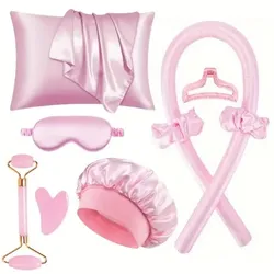 Ensemble de sommeil en Satin avec taie d'oreiller, bigoudi, Bonnet, masque pour les yeux, rouleau pour le visage, Kit essentiel de nuit pour soins personnels Gua Sha, 9 pièces