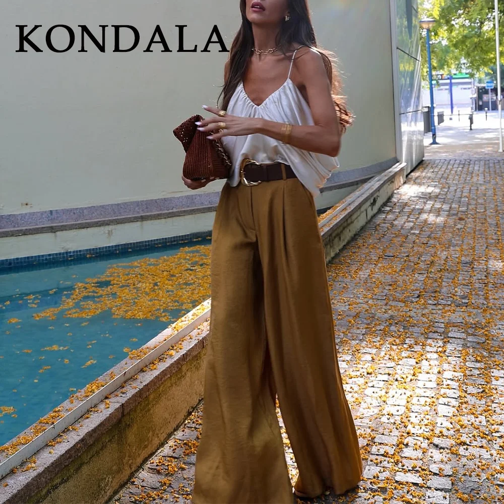 KONDALA 2026 Frühling Sommer Lässige Satin Damenhose Modisch Elegant mit Gürtel Einfarbig Hohe Taille Damen Weites Bein Lange Hose Image